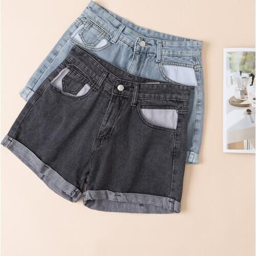 Cotton Hong Kong high waist curled edge color matching double pocket denim shorts womens thin wide-leg a-line gril short pants