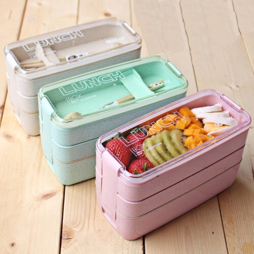 900ml Portable Healthy Material Lunch Box 3 Layer Wheat Straw Bento Boxes Microwave Dinnerware Food Storage Container Foodbox