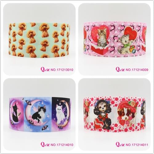 Q&N ribbon 16mm 22mm 25mm 38mm 50mm 75mm dog and cat printed grosgrain ribbon webbing 50yards/roll for hair tie free shipping