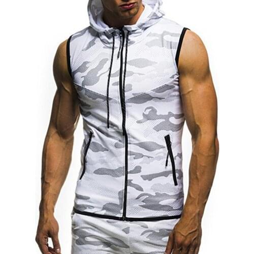 Tanks Top Summer Men Gym Fitness Camouflage Print Hooded Zip Up Breathable Mesh Hoodies Zip Up Sleeveless Hooded Tanks Top