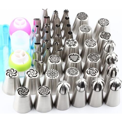 50PCS/Set Russian Nozzles Icing Piping Stainless Steel Ball Shape Pastry Tips Cake Decorating 1Pcs Pastry Bag 3 Coupler 1 Brush