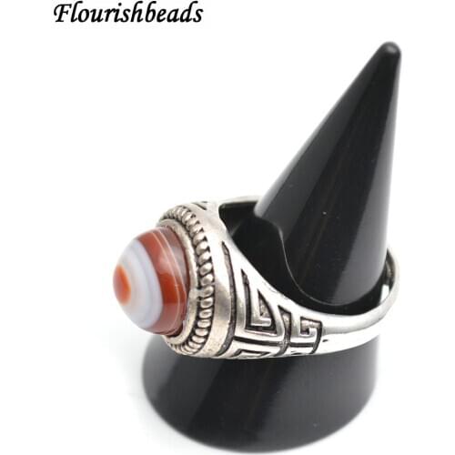 Natural Banded Agate DZI Bead Eye Veins Stone Rings Mans Jewelry (Red / Black )
