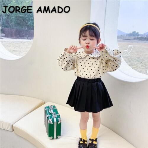 2021 New Spring Korean Style Girls Shirts Long Sleeves Polka Dot Peter Pan Collar Princess Blouses Children Clothing E0026
