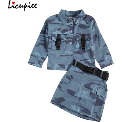 2pcs Toddler Autumn Outfits, Camouflage Lapel Long-sleeves Blouse + High-waist Short Skirt for Little Girls, 2-7 Years