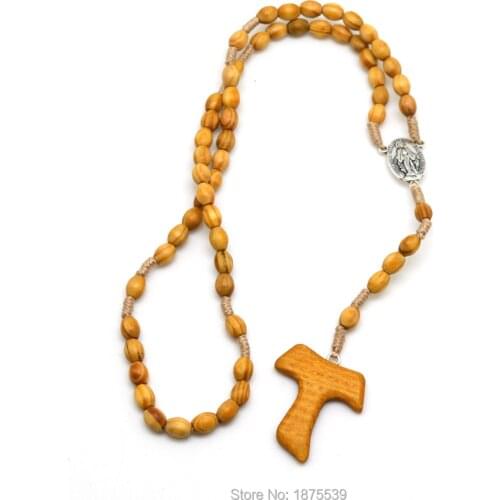 Oval Wood Bead Rope Cord Rosary Alloy Center Wooden Tau Cross