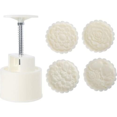 Plastic Mooncake Mold Biscuit Cookie Cutter Hand Pressure Mould 1 Barrel 4 Stamps 150g DIY Fondant Baking Tool
