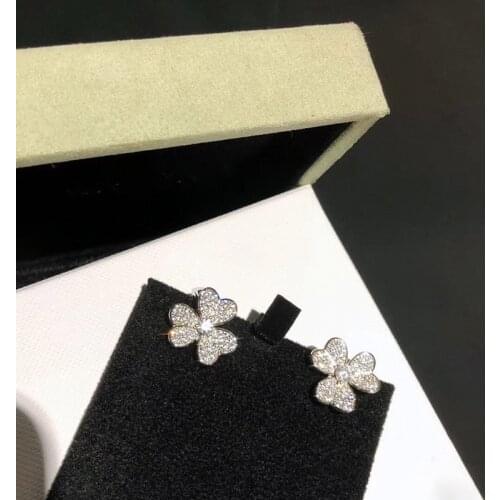 Hot Brand Pure 925 Sterling Silver Earrings 3 Leaf Clover Flower Earrings Full Diamond Stud Earrings White Gold 925 Earrings