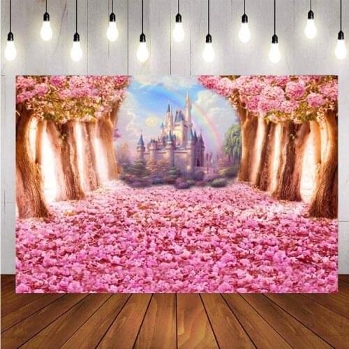 Rainbow Fairy Tale Castle Photography Backdrop Flower Tree Girls Birthday Party Photo Background Banner Decoration Supplies