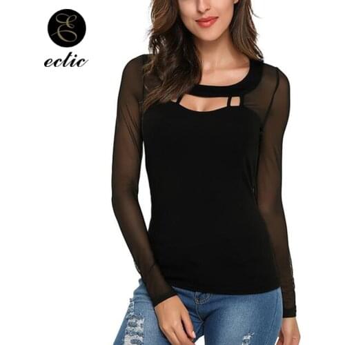 Transparent mesh long sleeve patchwork shirt hollow out open chest top sexy low cut shirt women see through clubwear tight shirt