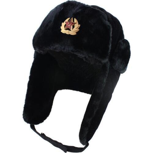 Soviet Army Military Badge Russia Ushanka Bomber Hats Pilot Trapper Aviator Cap Winter Faux Rabbit Fur Earflap Snow Caps hat