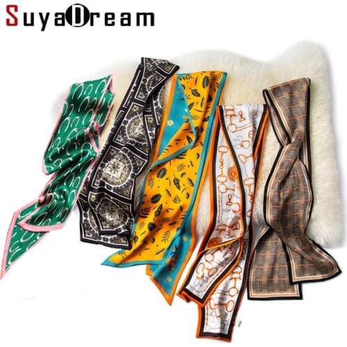 SuyaDream Woman Print Silk Scarf 100%Mulberry Silk 145CMX15CM Two layers Long Silk Scarves 2021 Spring Office Lady