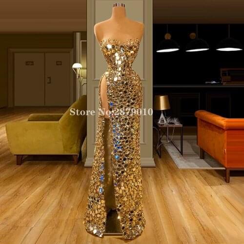Illusion Arabic Sparkly Mermaid Evening Dress Floor-Length Beaded Crystal Prom Dress Slit Robe De Soiree Aibye Formal 2020 Dubai