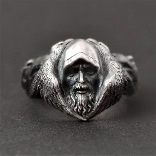 Vintage Silver Mens Viking Wolf Fenrir Odins Ravens Punk Ring Amulet Jewelry