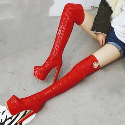Sexy Over The Knee Boots Women Fashion High Heels Platform Womens Winter High Boots Red White Party Fetish Shoes Large Size 48