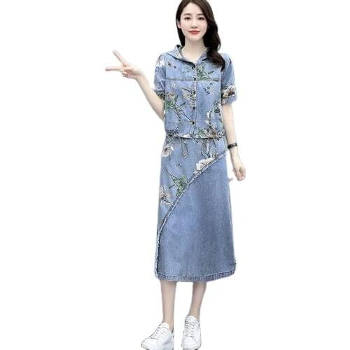 Skirts Womens 2021 Summer New Fashion Plus Size Printed Hooded Shirt Tencel Denim Skirt Two Piece Set Female Long Skirt Suit 479