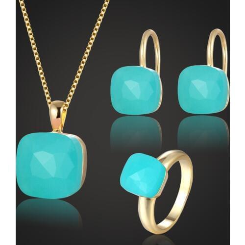 Zlxgirl jewelry Russian Blue opal Gold necklace Jewelry Sets Brides Party Fashion womens couple accessories set Bridal Necklace