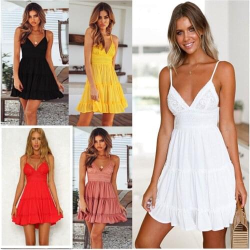 Hollow Sleeveless Deep V-neck Dress Summer Hot New Womens Dress Sexy Lace Sling Stitching Lady Dress Backless Bow Dress