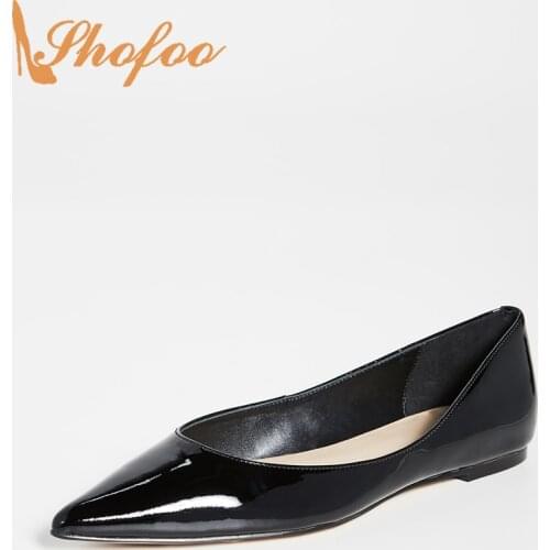 Black Ballet Flats Woman Shoes Patent Leather Large Size 14 15 Pointed Toe Slip On Office Ladies Formal Footwear Summer Fashion