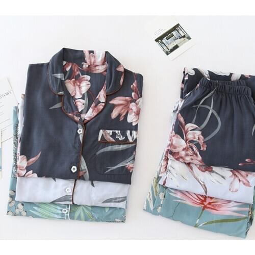 Fdfklak Floral Print Cotton Pajamas For Women PJ Full Sleeves Pijama Mujer Button-Down Spring Sleepwear Set Loungewear Suit