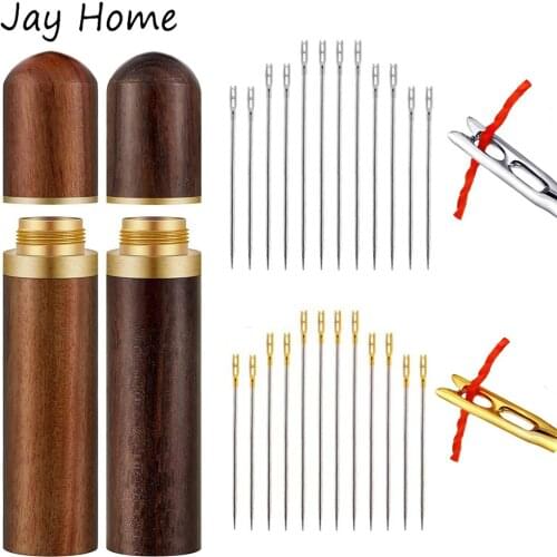 12Pcs Self Threading Needles with Wooden Needle Tube Holder Easy Threading Blind Sewing Needles for DIY Stitching Embroidery