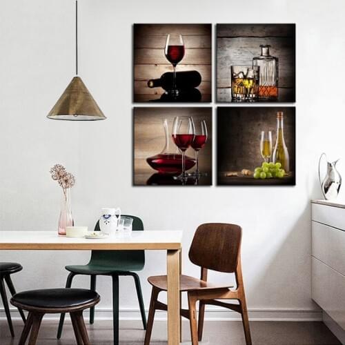 4 Piece Canvas Art Print Red Wine Pictures Realistic Still Life Oil Painting Kitchen Wall Art Modern Bar Decoration