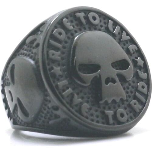 Size 7 to size 15 Unisex 316L Stainless Steel Rider to Live, Live to Ride Skull Biker Bilack Skull Ring