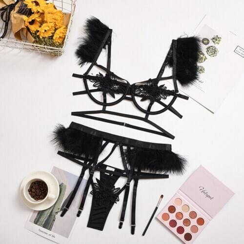 Feather Sexy 3pcs Embroidery Applique Bra Panty Set Underwire Erotic GarterBelt Lingerie See Through Backless Underwear RS80980