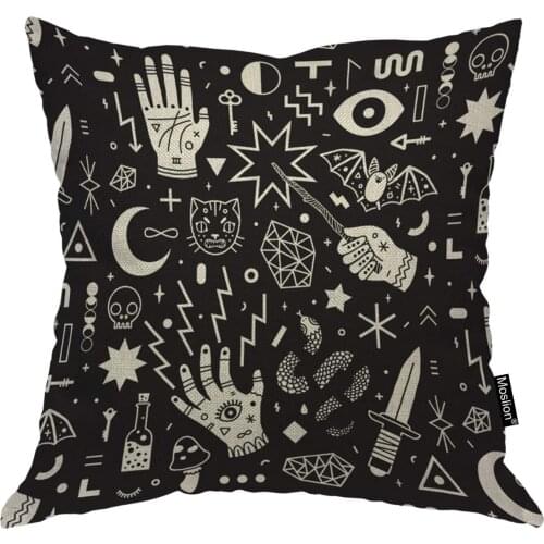 Moslion Throw Pillow Cover Witchcraft 18x18 Inch Magical Style Hand Eyes Moon Skull Cat Bat Snake Key Square Pillow Case Cushion