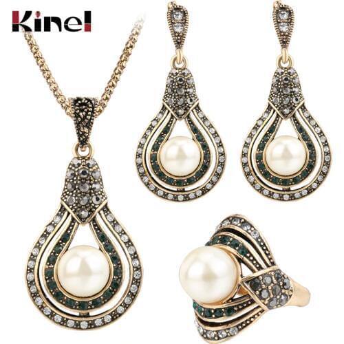 Kinel 3Pcs Vintage Jewelry Sets For Women Antique Gold Pearl Earrings Necklace Ring Wedding Party Female Turkish Jewelry