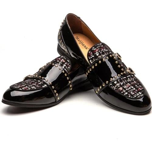 MEIJIANA 2019 New Mens Wedding Shoes Mens Loafers Paint Belt Buckle Dinner shoes Brand Casual Shoes Plaid Pattern