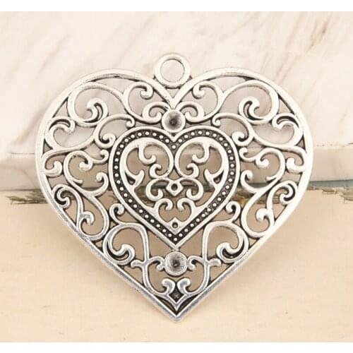 2pcs Silver Color Big Heart Charms Flower Love Pendant For DIY Handmade Jewelry Making Accessorie 55x56mm