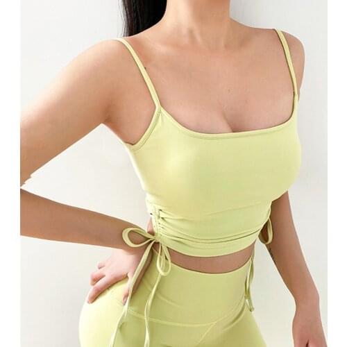 Sexy Side Drawst Sport Vest Thin Shoulder Strap Backless Sports Tank Women Fitness Gym Running Vest Padded Tops Camisole