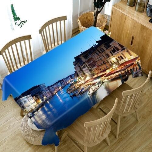 Thicken Cotton Tablecloth 3D Bay City view Night Lights Pattern Rectangular/Round Table Cloth for Wedding Picnic Party