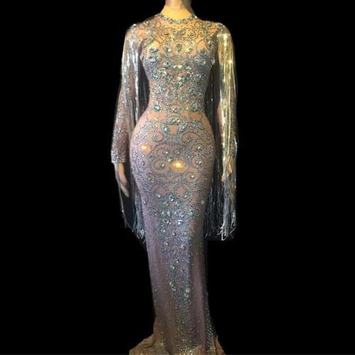 Long Tassel Split Fork Dress Rhinestones Floor-Length Dresses Nightclub Dance Show Wear Party Dress For Women Stage Outfit