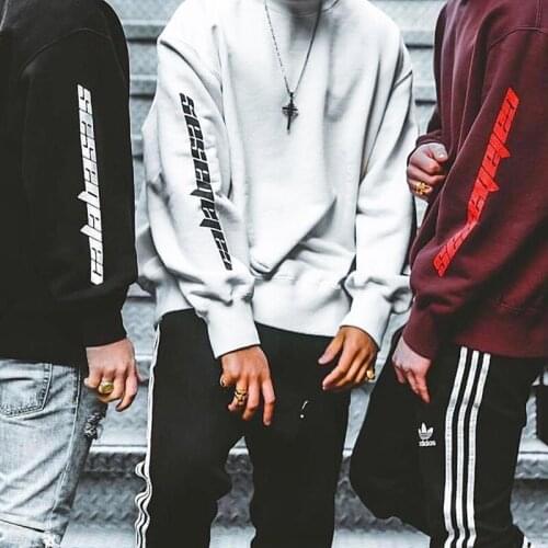 High Street Hip Hop Kanye Arm Letter Print Sweatshirts Unisex Pure Cotton Tops Fashion Men O-Neck Oversize Hoodies Pullover Tops