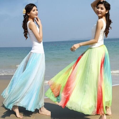 TingYiLi Colorful Rainbow Boho Skirt Elegant Red Green Blue Long Skirt Summer Beach Big Swing Women Skirt