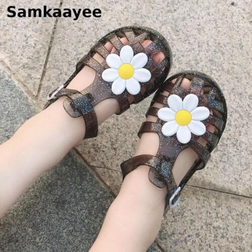 1-8y Children Sandals Kids Shoes Summer Baby Girls Mules Flowers Princess Flat Buckle Strap Solid Anti-Slip Beach Footwear S15