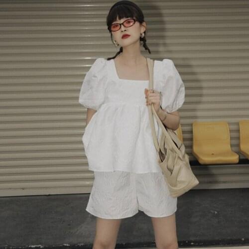 2021 Summer Cotton Shorts Sets Women Vintage Square Collar Puff Sleeve Tops High Waist Shorts 2 Piece Sets Womens Outfits