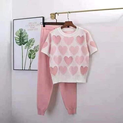 2020 New 2 Piece Sets Womens Knit Outfits Love Heart Short Sleeve O-neck Tops+ Lace Up Waist Ankle Harem Pants New Two Piece Set