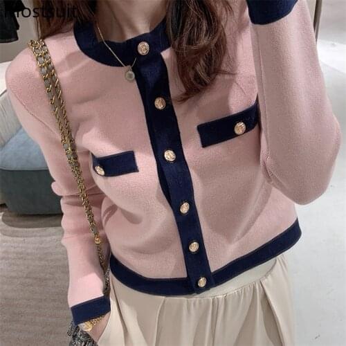 Color-blocked Knitted Cardigan Women Vintage Korean Elegant Sweater Tops O-neck Single-breasted Short Jumpers Femme 2021
