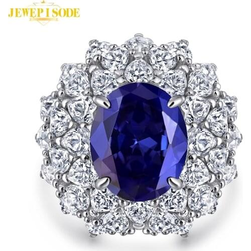 Jewepisode Vintage 100% 925 Sterling Silver Blue Sapphire Diamond Gemstone Rings for Women Anniversary Fine Jewelry Finger Ring