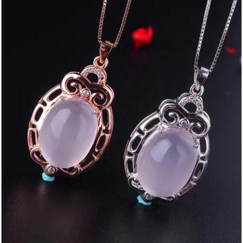 Big size natural pink rose quartz gem necklace women silver necklace 925 sterling silver fluorescent gem birthday party gift