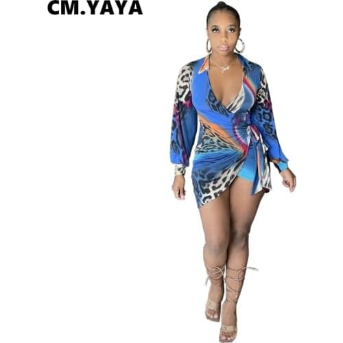 CM.YAYA Women Dress Print Full Sleeve V-neck Turn-down Collar Stretchy Skinny Mini Dresses Sexy Fashion Outfit Vestidos Summer