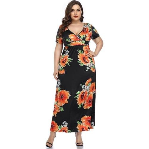 European Style Women Summer Casual High Waist Print A-line Maxi Dress Vintage Short Sleeve Sexy V-neck Elegant Dress Vestidos