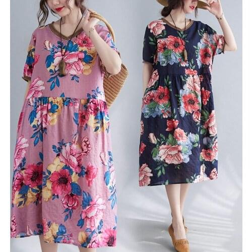 Vintage Dress 2021 New Arrival Short Sleeve Loose Summer Dress V-neck Print Floral Cotton Linen Women Travel Casual Midi Dress