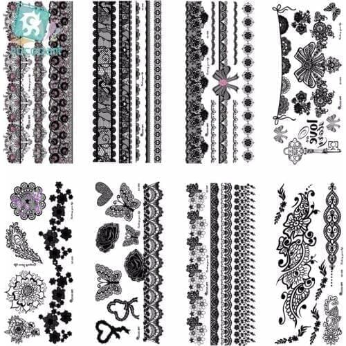 10 Different Lace Black Henna Temporary Tattoo Sticker Women Hand Jewelry Paste bowknot Waterproof Fake Body Art Tatoo