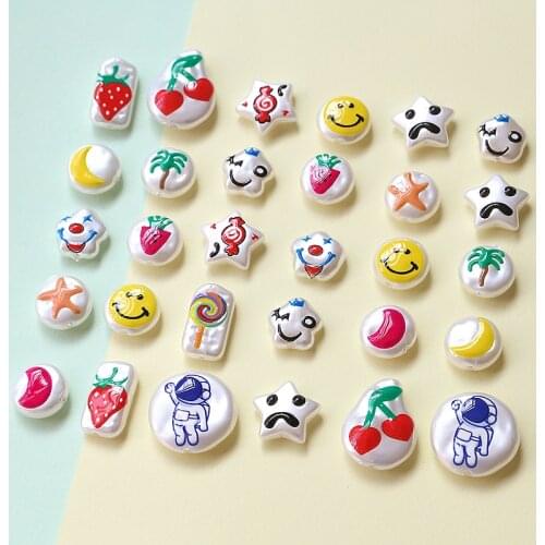 50pcs/lot Fruit smiley candy pattern print geometry irregular shape Straight hole beads diy jewelry earring/garment accessory