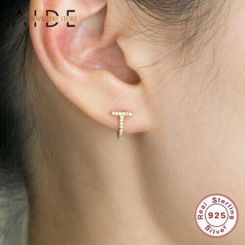 AIDE Luxurious French Chic T Shaped Hoop Earrings for Women Trendy Zircon Piercing Huggie Earrings Silver 925 Jewelry kolczyki