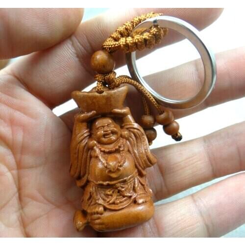 Mahogany Three-dimensional Engraving Key Chain Lifelike Buddha Pendant Key Ring Jewelry Gift For Car Accessories L7