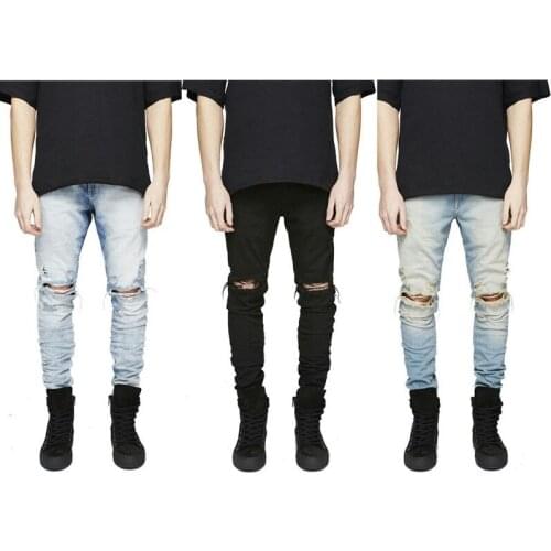 New Fashion Men Denim Trousers Straight Washed With Pleated Ripped Holes Skinny BikerJeans Slim fit Jeans Male Elastic Pants